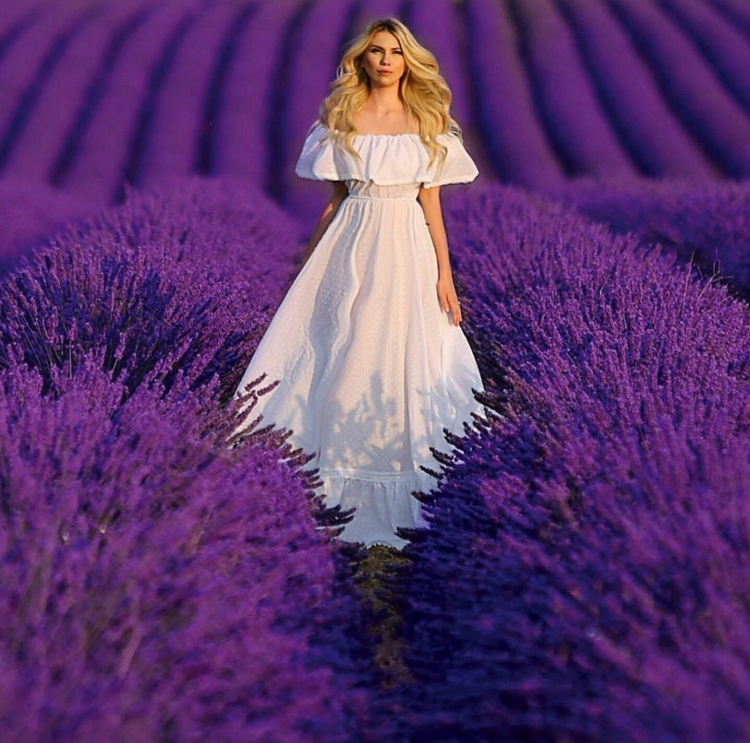 Девушка в лавандовом поле со спины