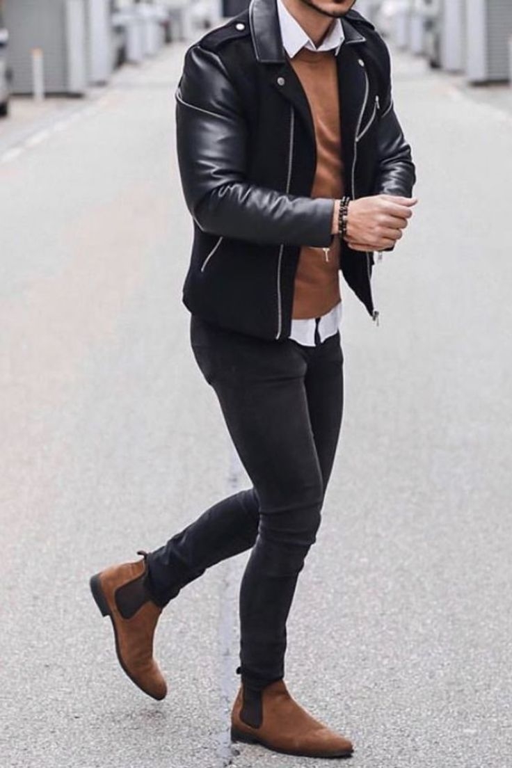 Мужской лук черная кожа куртка Челси