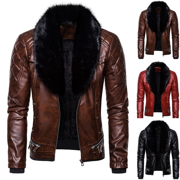 Mens Leather fur Collar куртка коричневая