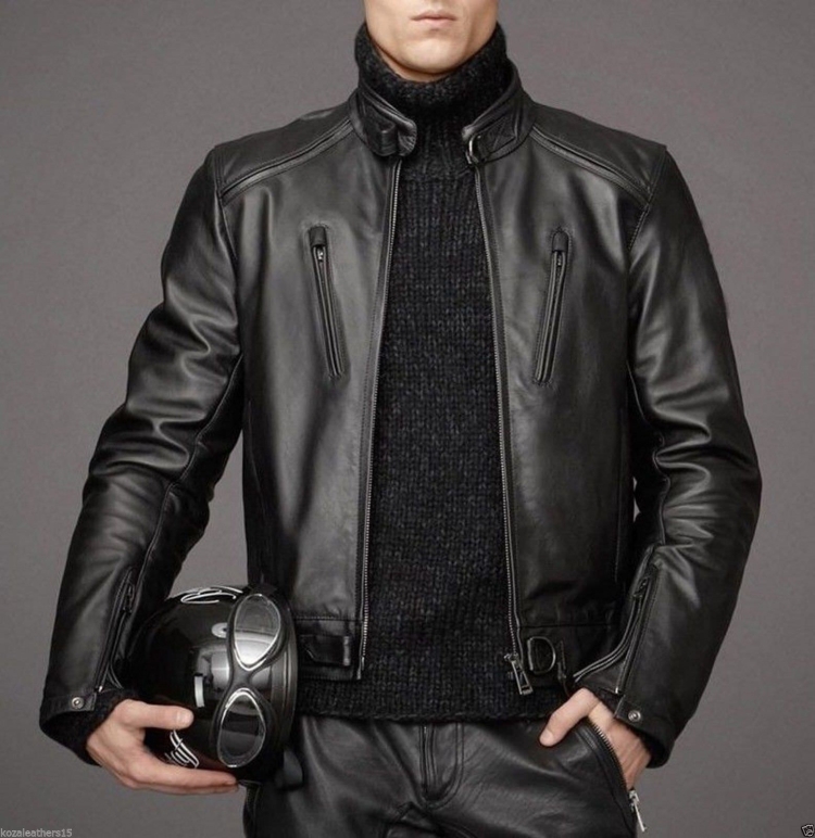 New men Genuine Lambskin Leather Jacket Black Slim Fit Biker Motorcycle Jacket