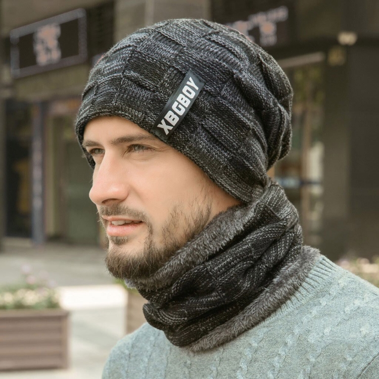 Шапка 2pcs men Winter warm Beanie Casual Thicken hat and Scarf Knit Windproof cap