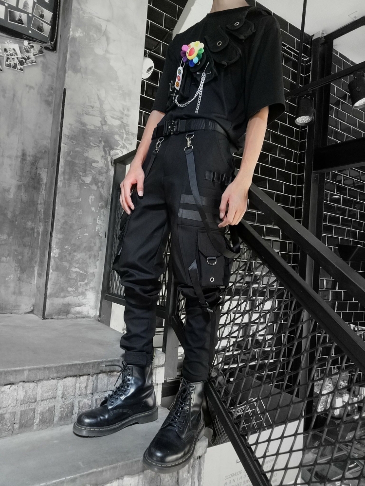 Goth outfit Грандж чёрная корейская одежда мужская