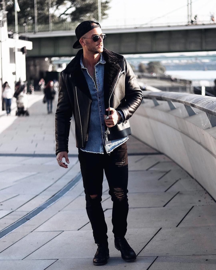 Мужской стиль кожаная куртка джинсы