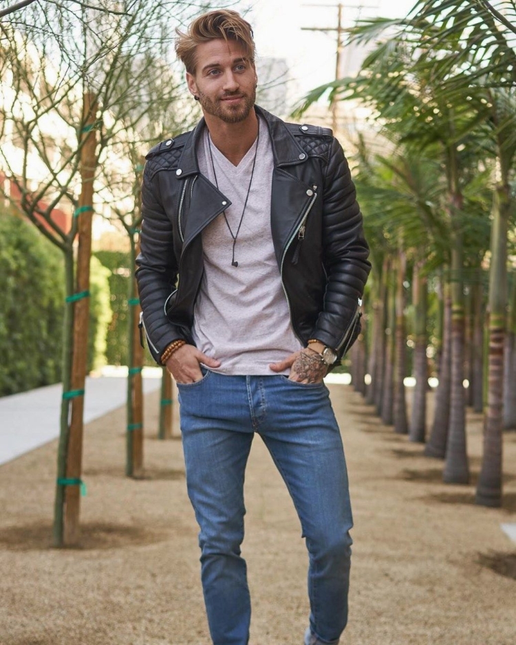 Кожаная куртка с джинсами мужчинам