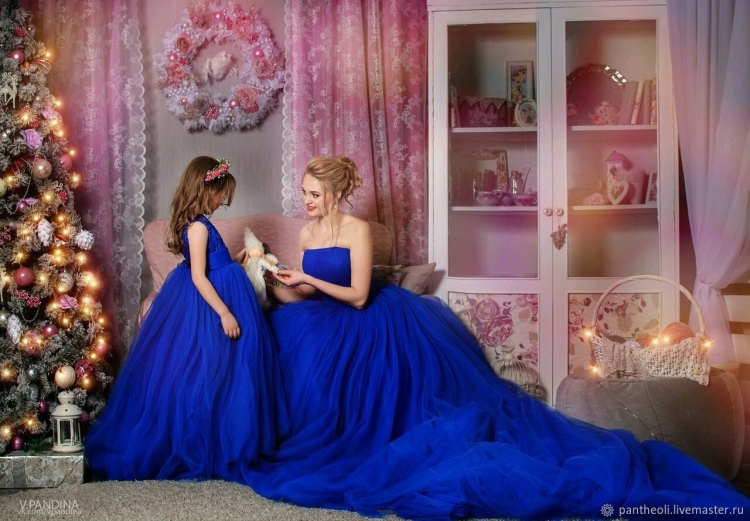 Новогодняя фотосессия в пышном синем платье