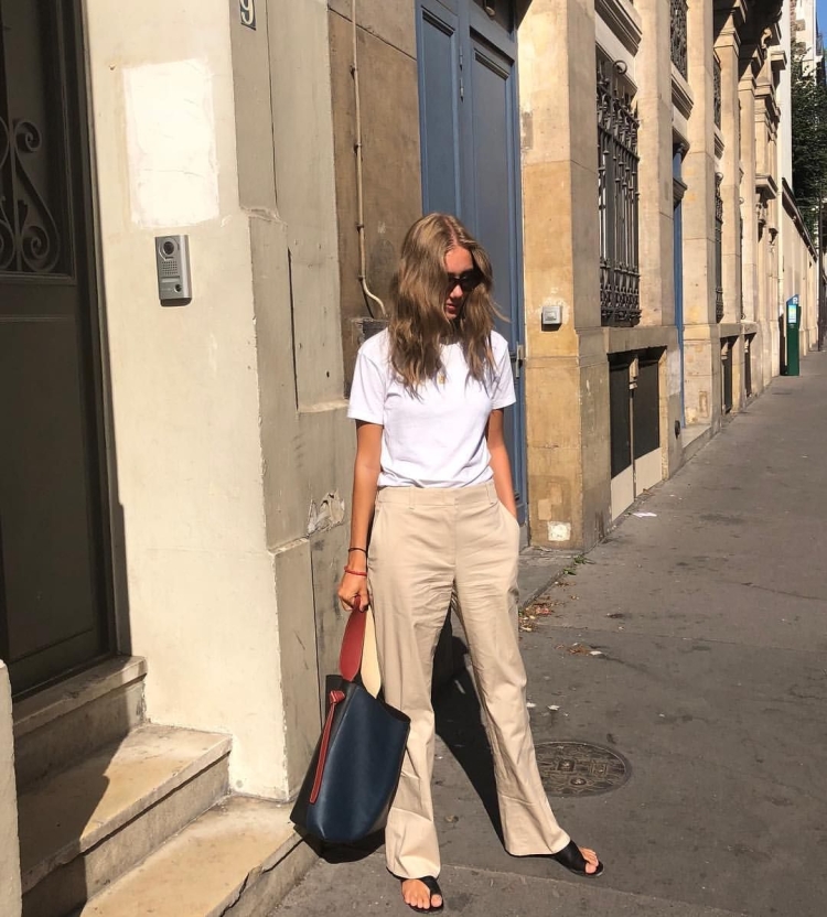 Лук бежевые узкие брюки