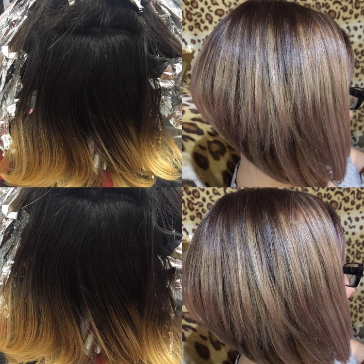 Окрашивание на каре с челкой на темные