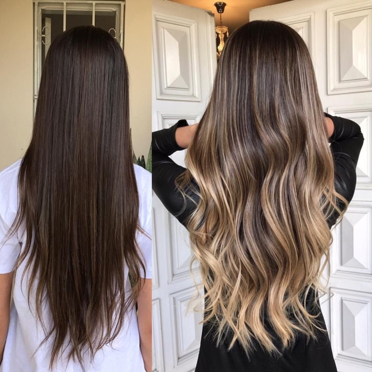 Балаяж на темные волосы длинные