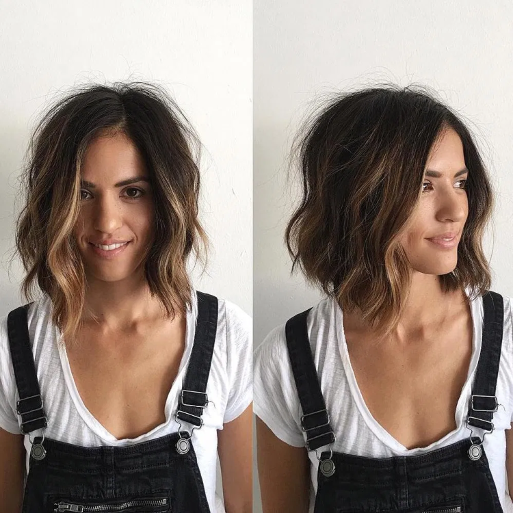 Шатуш на удлиненное каре с челкой на темные волосы