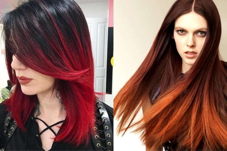 Окрашивание в красный цвет кончики и пряди