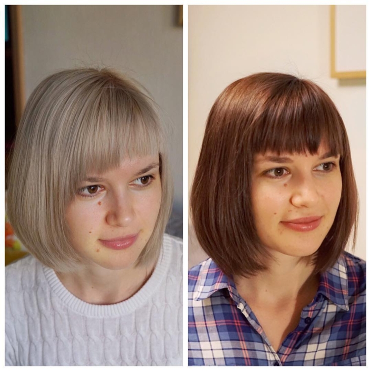Каре с челкой до и после
