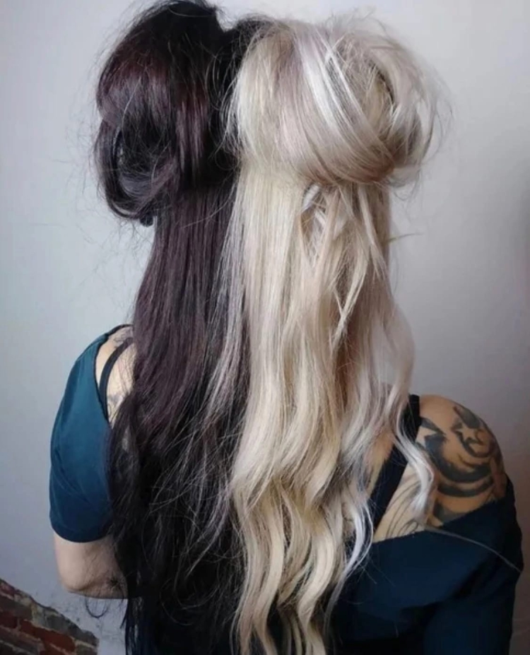 Сплит волосы окрашивание черный и блонд