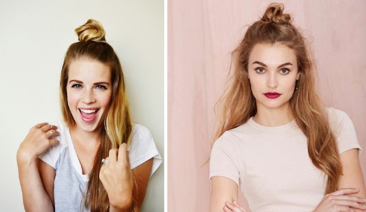 Пучок на голове с распущенными волосами