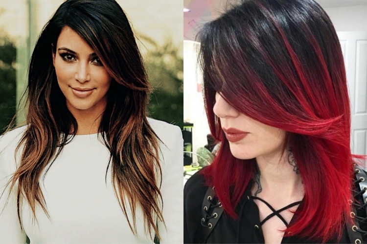 Красное омбре на темные волосы средней длины с челкой