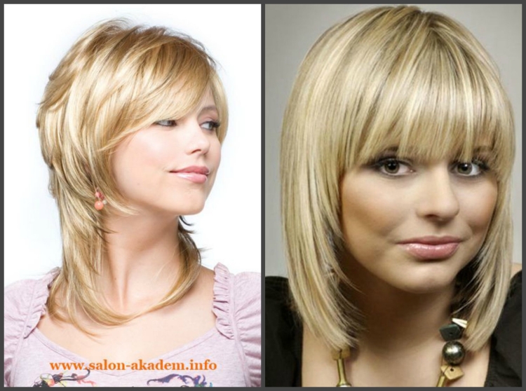 Стрижка каре Каскад на средние волосы с челкой для круглого лица