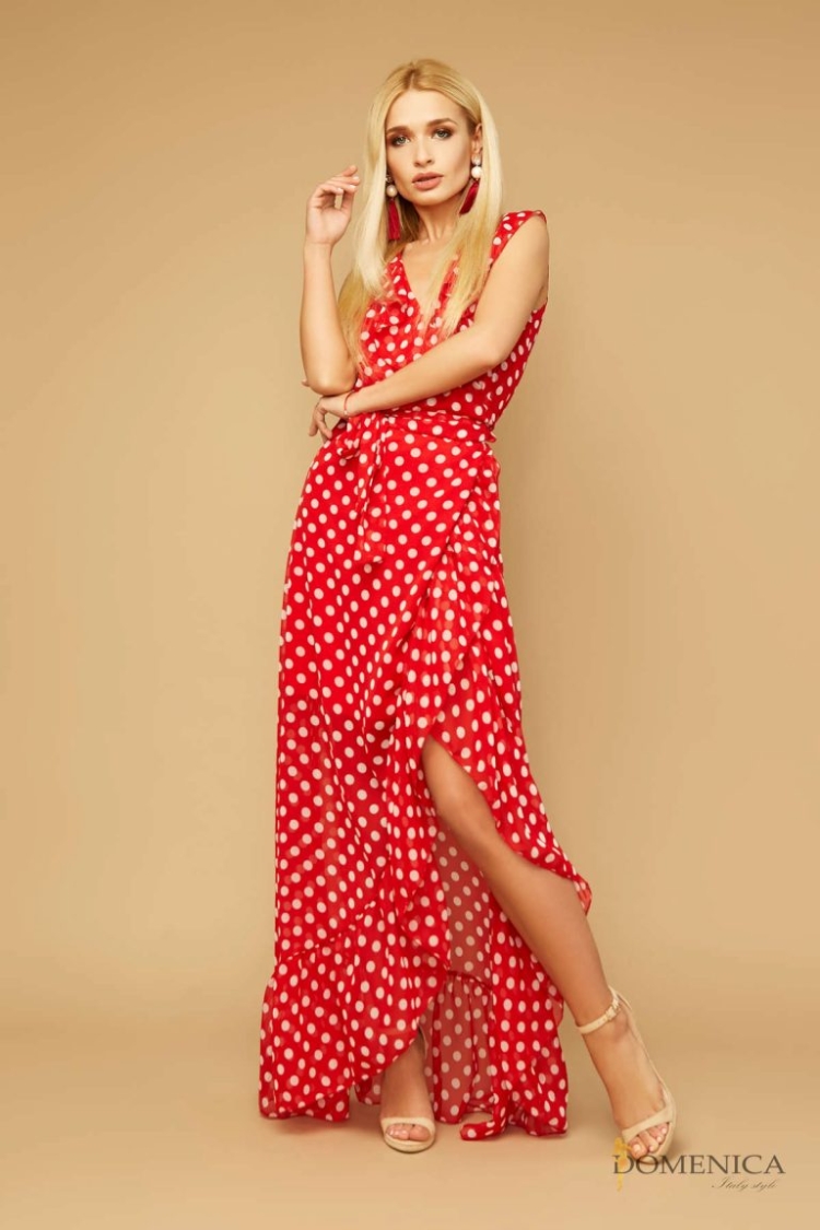 Красное платье в горошек шифон