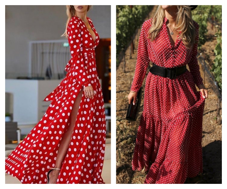 Красное платье в горошек длинное