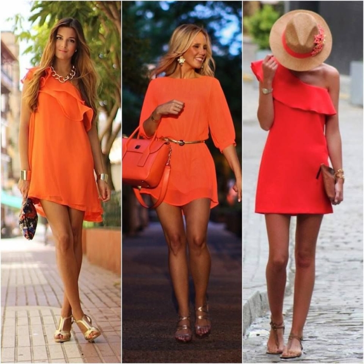 Красивая девушка в оранжевом платье