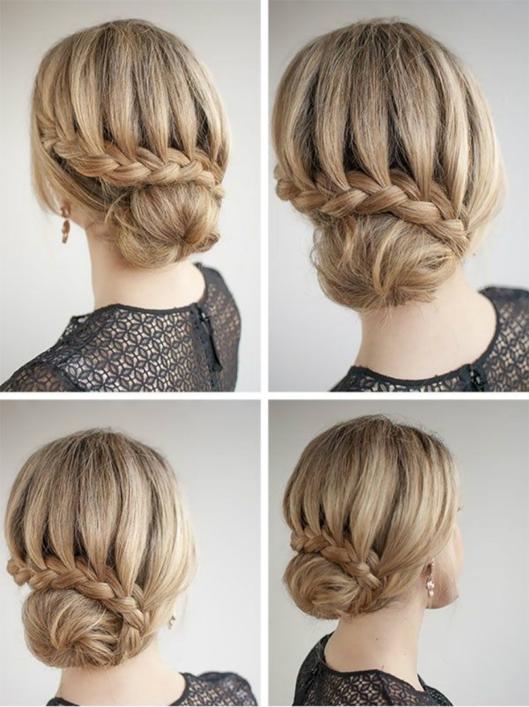 Красивый пучок на средние волосы с плетением