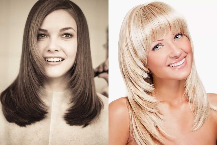 Стрижка Каскад лесенка на средние волосы с челкой