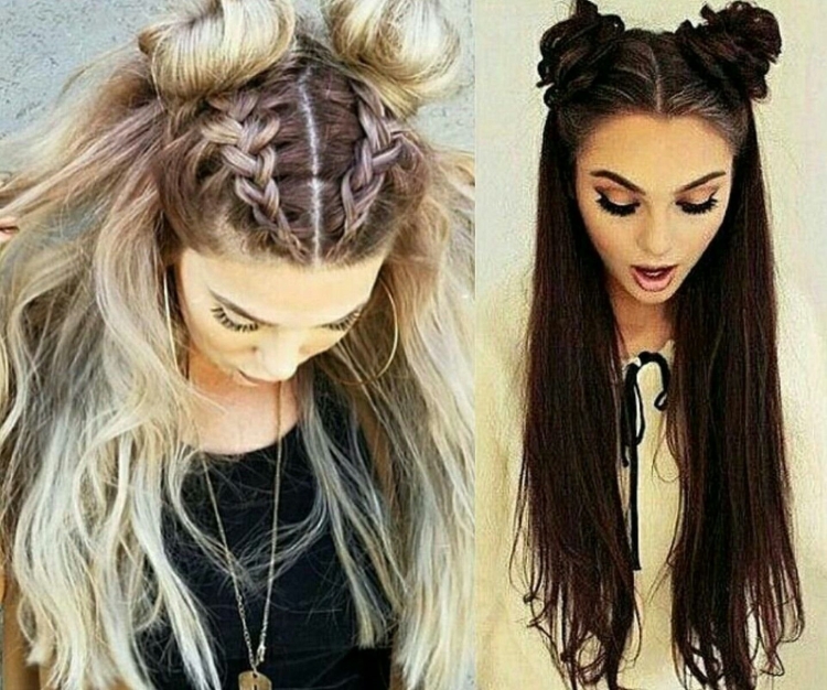 Прическа с шишками и распущенными волосами