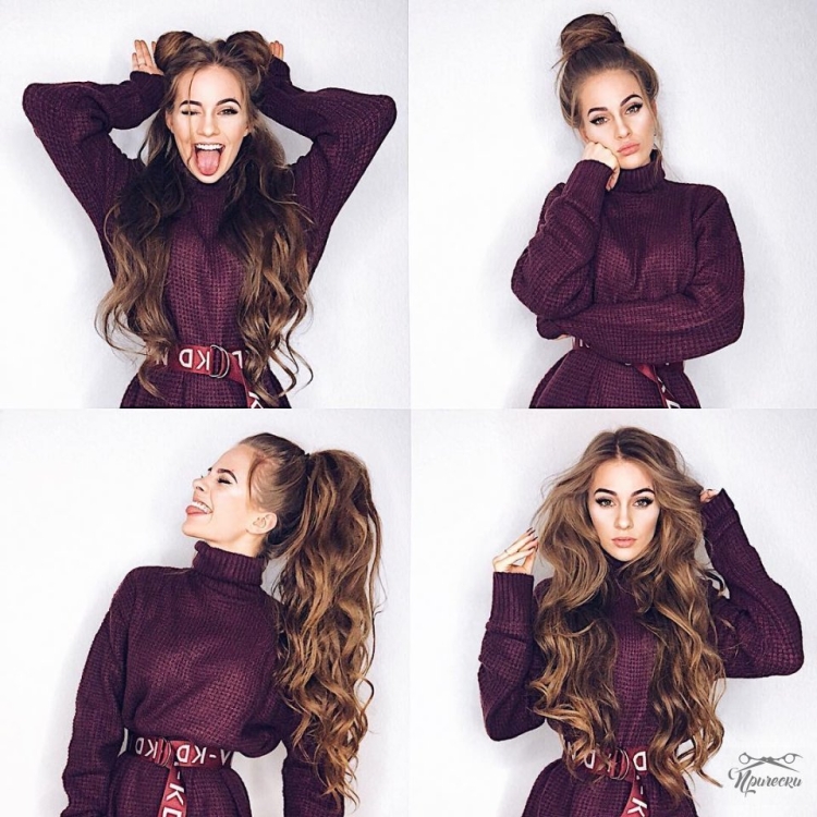 Прическа с двумя пучками и локонами