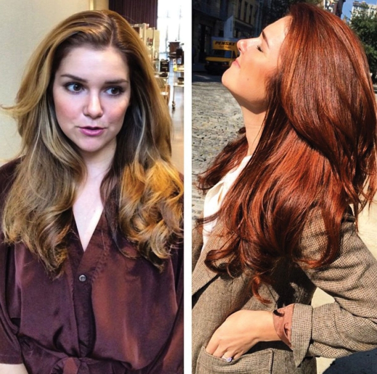 Окрашивание в рыжий до и после