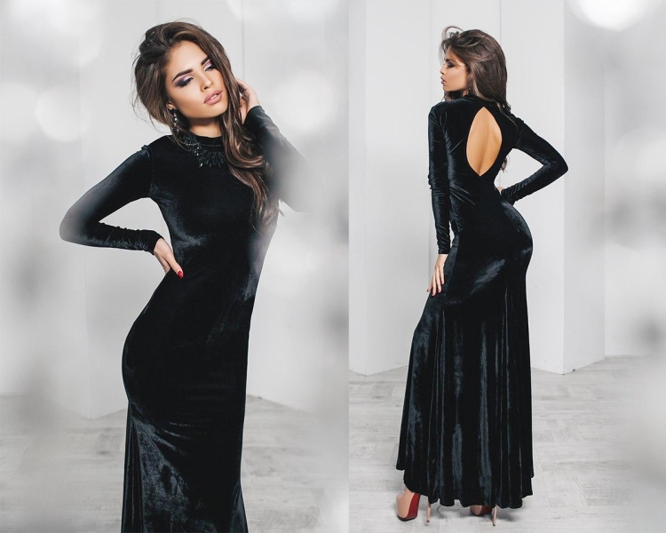 Чёрное платье длинное бархатное Zolla