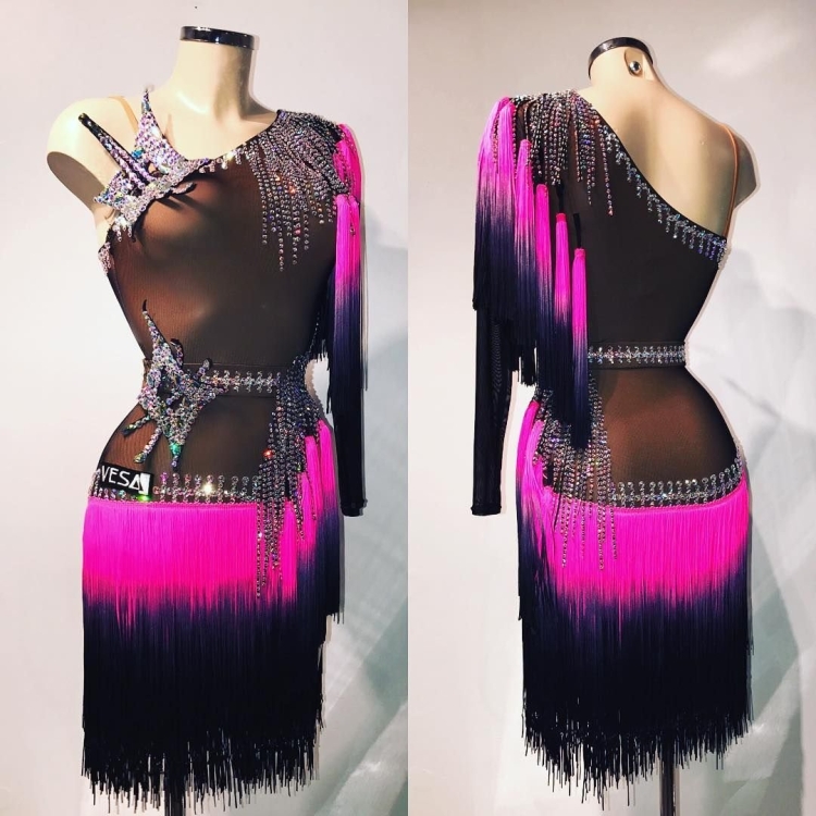 Платья латина Юниоры 1с бахромой чёрный