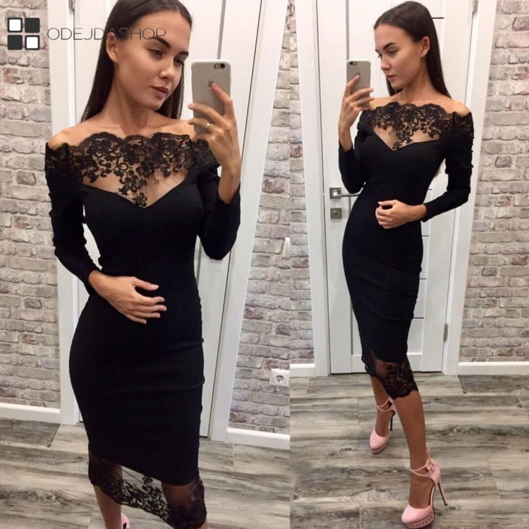 Черное Бандажное платье с кружевом