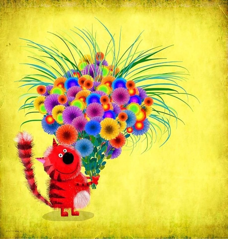 Кот с цветами с днем рождения