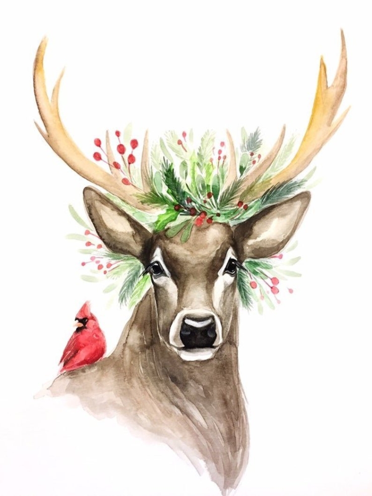 Олень акварелью