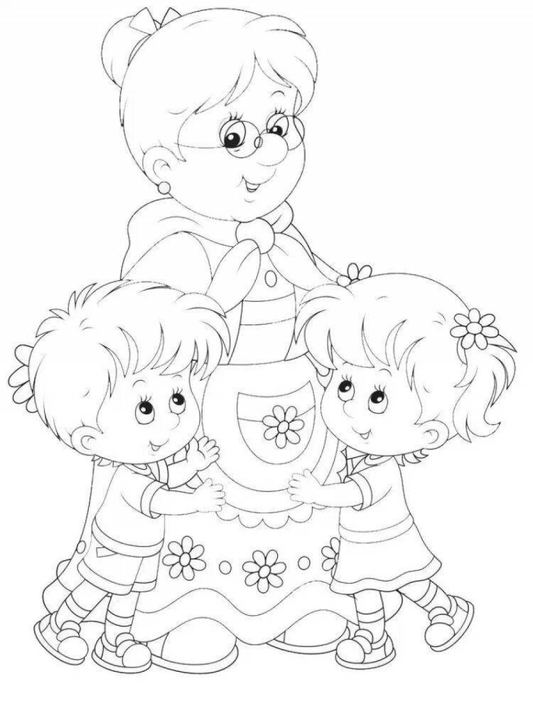 Раскраска бабушка и внуки