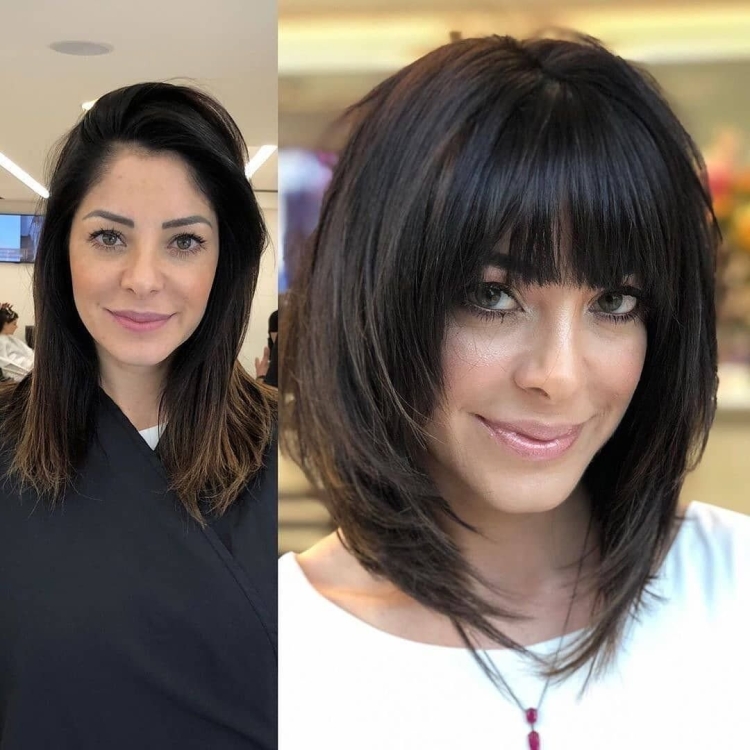 Стрижка каре лесенкой на средние волосы с челкой