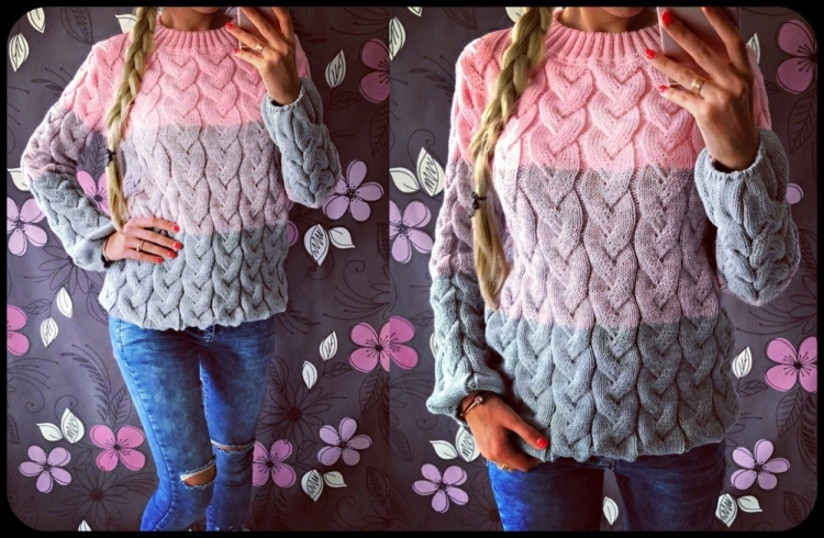 Трехцветный пуловер с косами