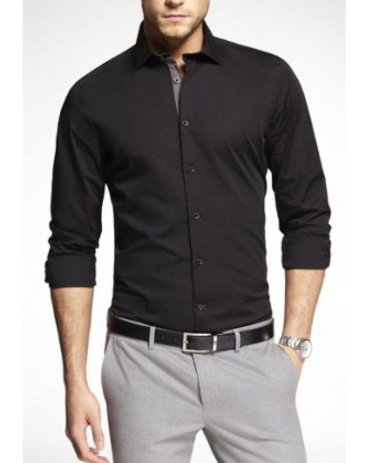 Серые брюки черная рубашка