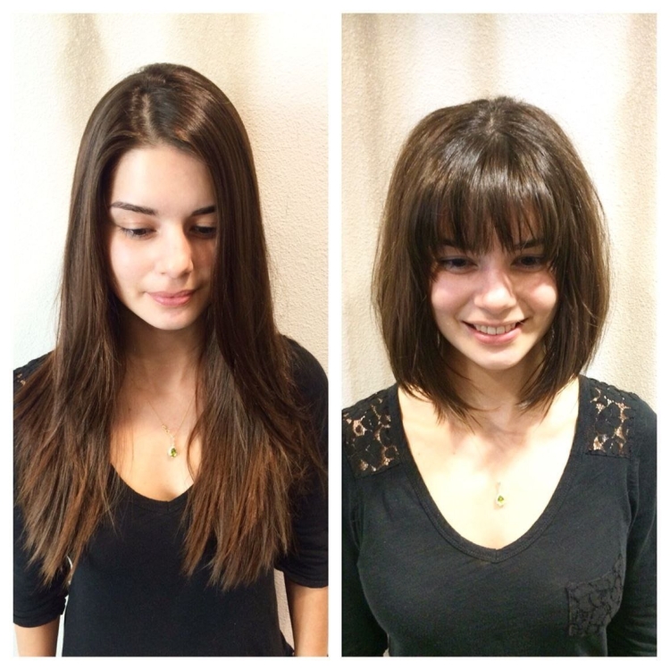 Челка до и после стрижки