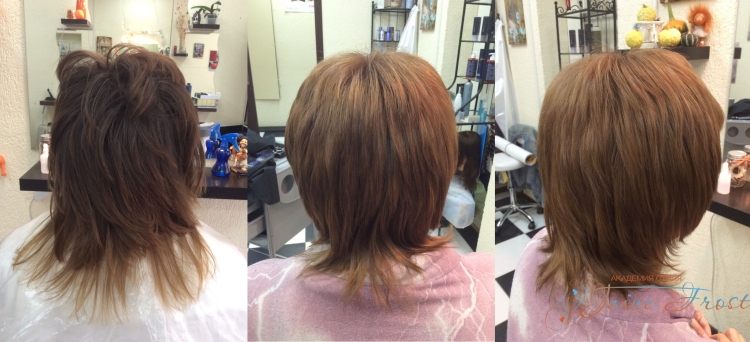 Стрижка Каскад на средние волосы сзади и спереди