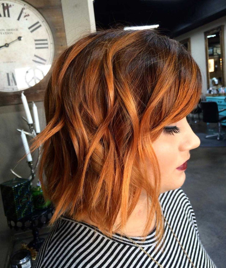 Рыжий балаяж на темные волосы каре