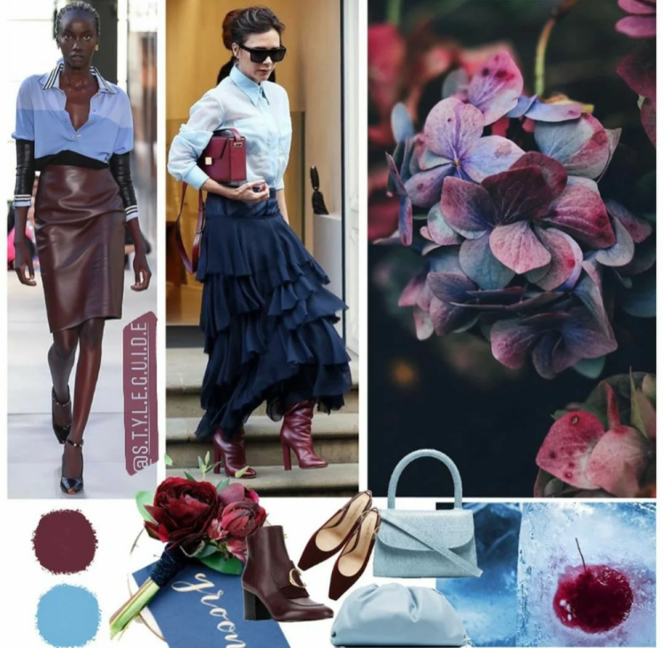 Голубой с бордовым в одежде