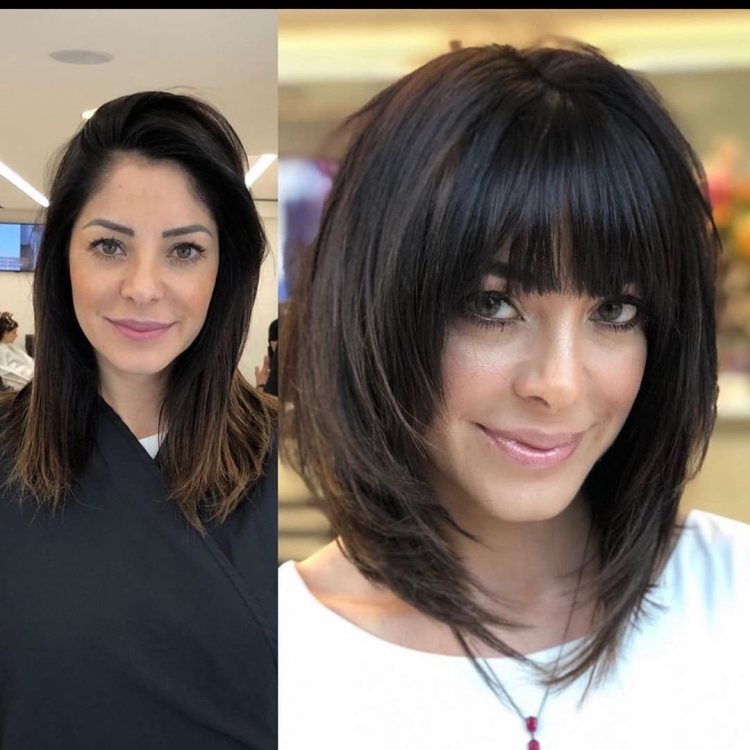 Стрижка каре лесенкой на средние волосы с челкой