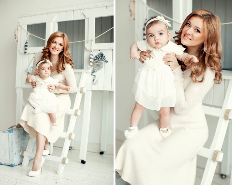 Стильная фотосессия мама и дочка в студии