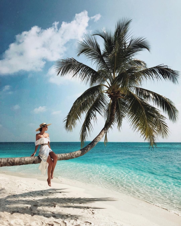 Девушка на пляже пальмы