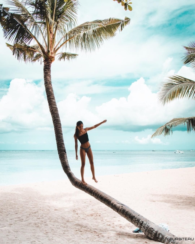 Девушка на пляже под пальмой