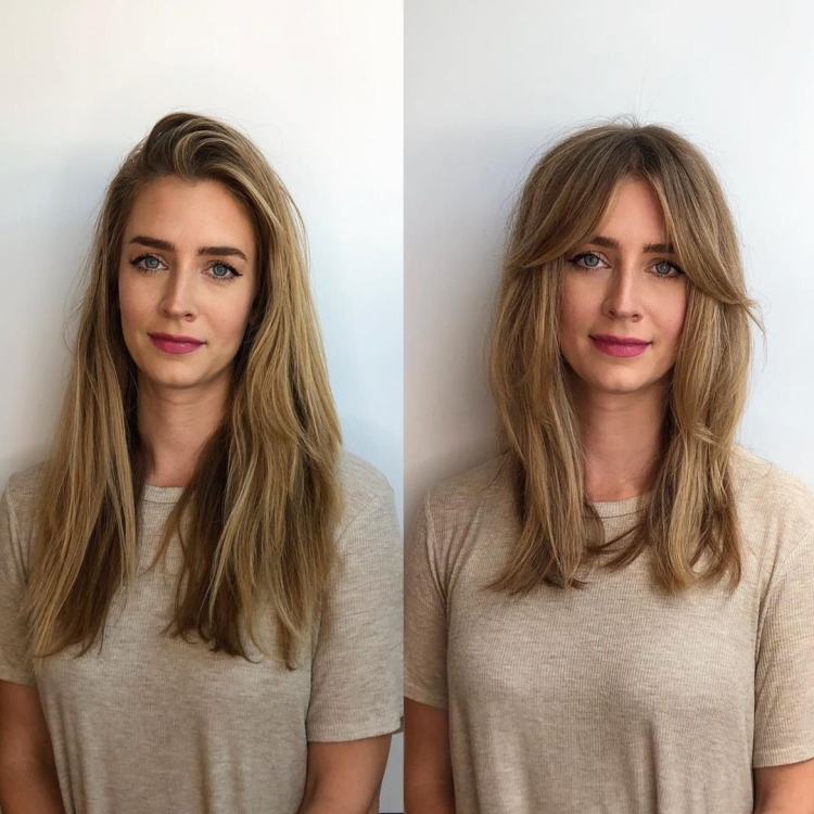 Стрижка отросшая челка на длинные волосы