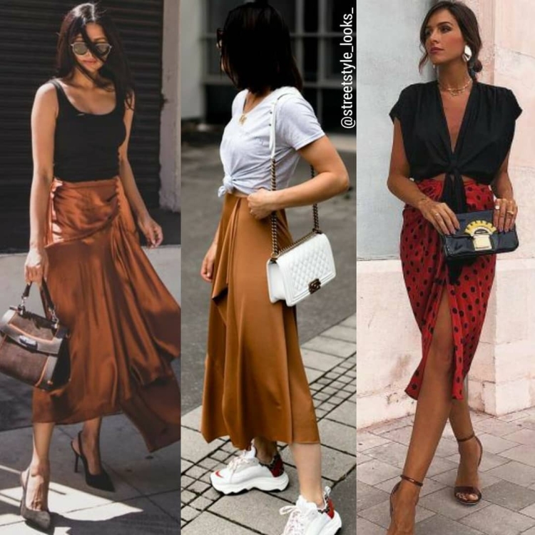 Образы с коричневой шелковой юбкой