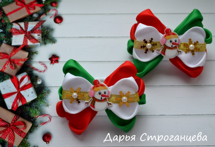 Новогодние заколки из ленточек