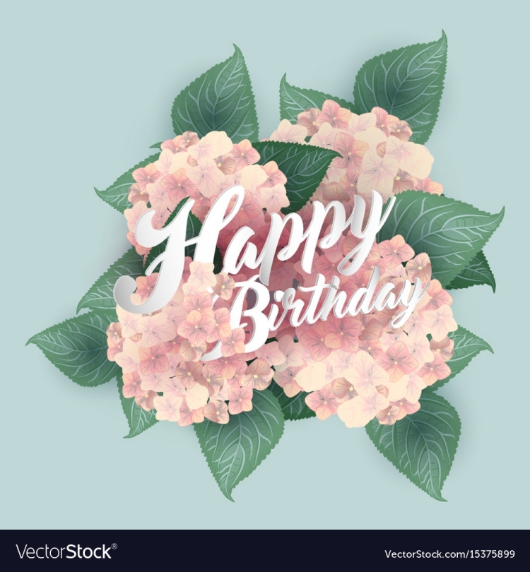 Букет гортензий и подпись с днем рождения