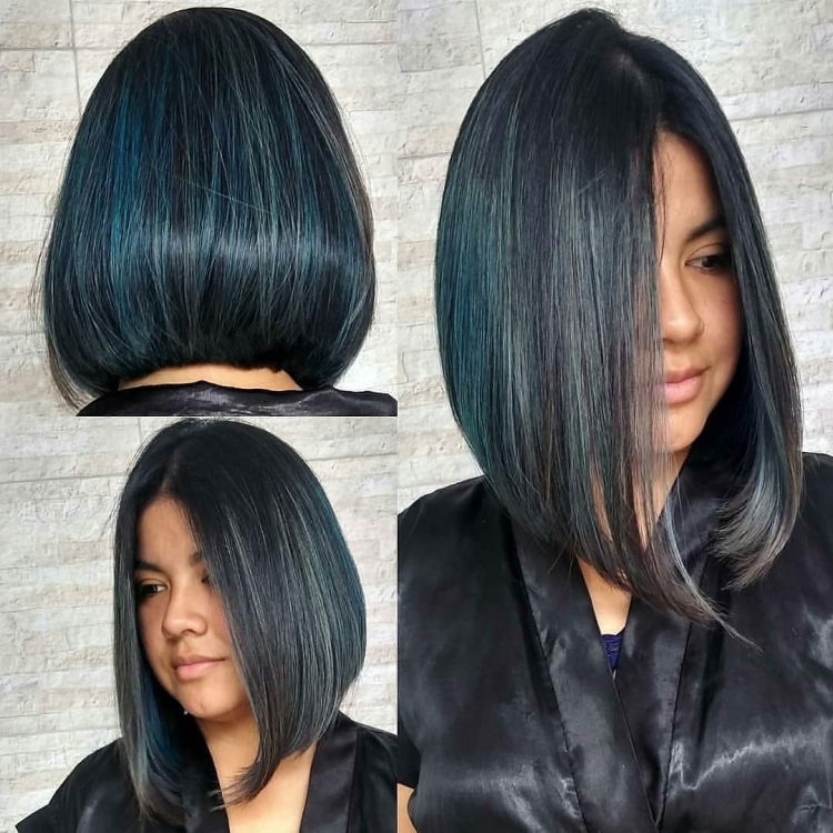 Удлиненное каре с челкой черные волосы