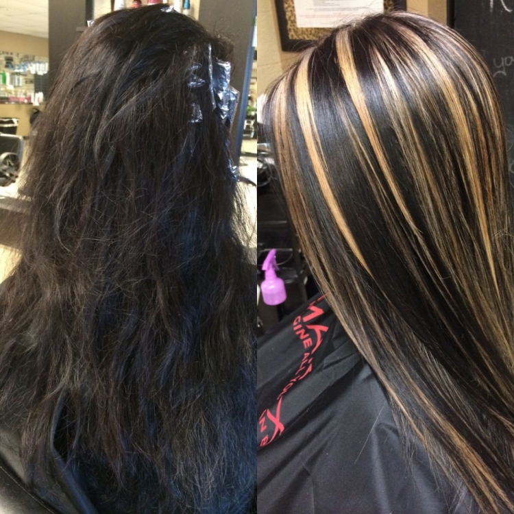 Мелирование на чёрные крашеные волосы